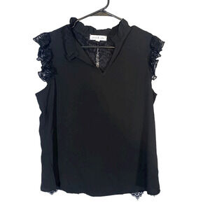 Stem & Vine Black Lace Open Back Blouse Women Split Back Casual Dressy Top Sz M